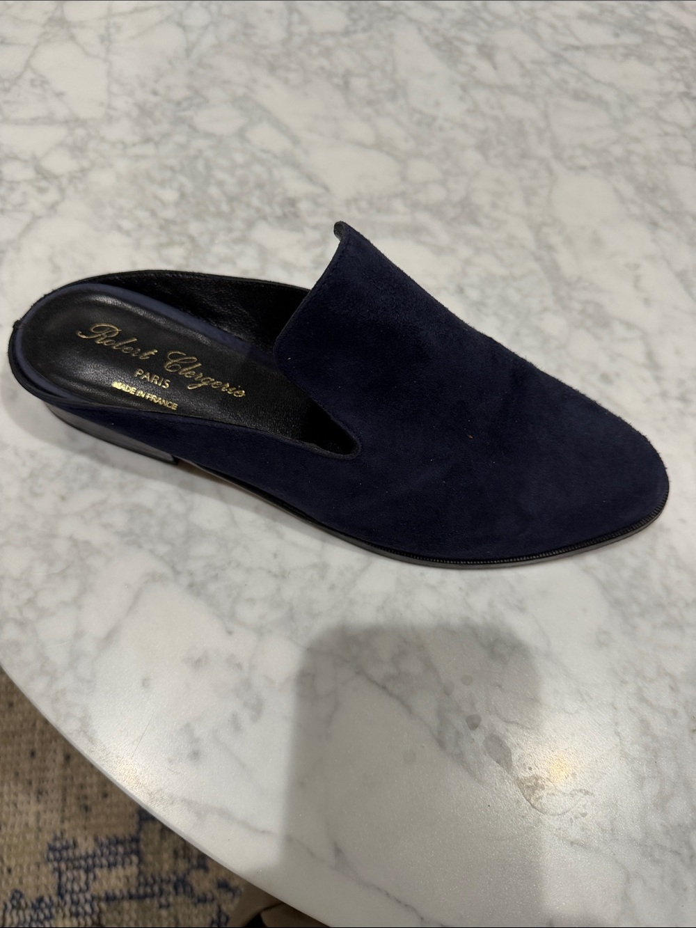 Robert Clergerie Alice Navy Suede Velour Slip on Mules   7.5/38